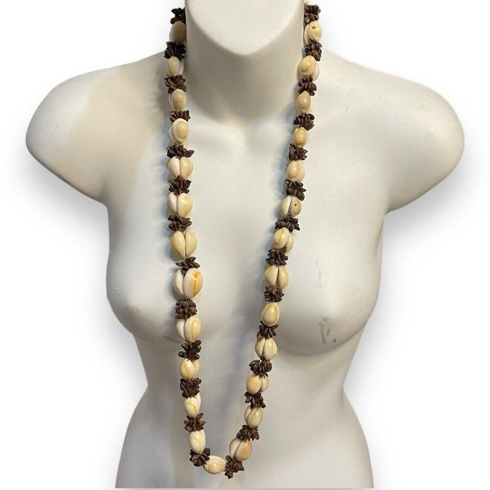 Vintage Large Cowrie Shell Koa Seed Wedding Necklace Hawaiian Slip On Festival
